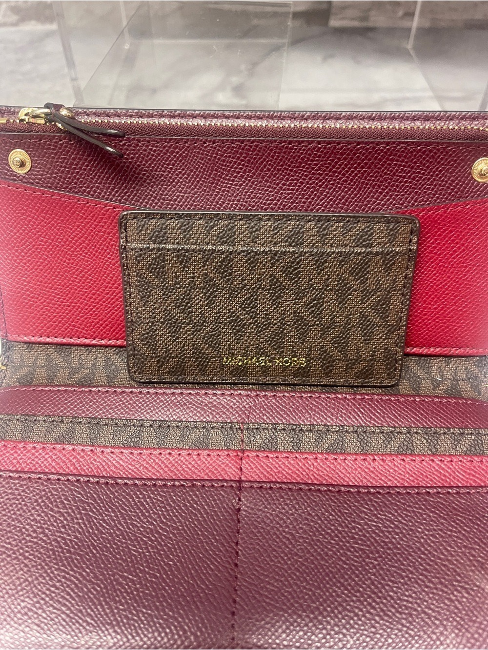 Michael Kors Kimberly Brown/Red Large Satchel & Matching Wallet Merlot Multi - Picture 13 of 14